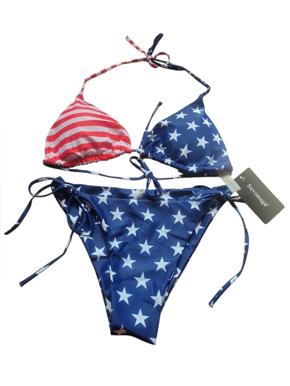 Stars Pattern Triangle Bikini Top and Bottom - Navy & White